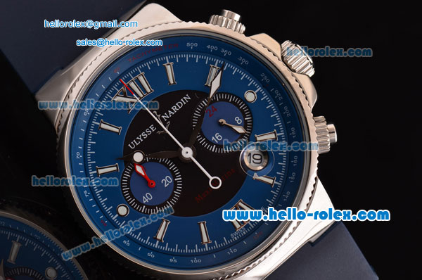 Ulysse Nardin Maxi Marine Chrono Japanese Miyota OS20 Quartz Stainless Steel Case with Blue Rubber Strap and Blue Dial - Click Image to Close